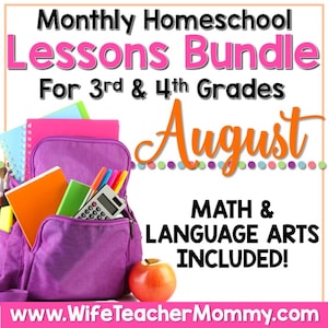 August Homeschool Lessons for 3rd and 4th Grade Math & Language Arts Mini Bundle