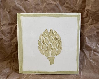 Vintage Artichoke Hand Painted Mexican Tile: Artist Signed Nik Nac