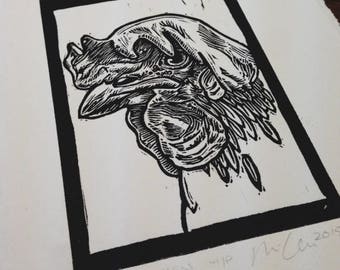 Leghorn Hen: Linocut original hand-pulled relief print