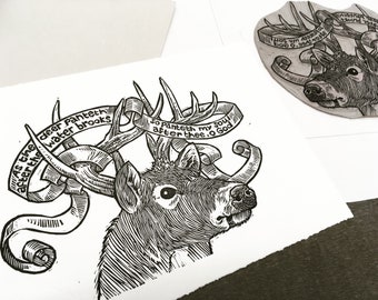 Deer Psalm 42 As the deer panteth buck linocut printmaking