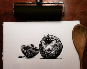 Pomegranate: Linocut original hand-pulled relief print