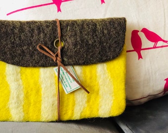 Bright yellow felted case purse  with string leather tie