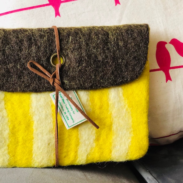 Bright yellow felted case purse  with string leather tie