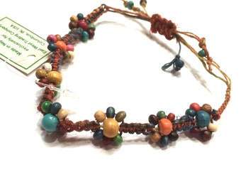 Knitted Jute Sunflower Bracelet. Wooden beads and jute strings. One of a kind bracelet!