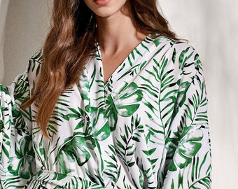 Palm Leaf Print Robe / Tropical Destination Wedding Robes / Bridesmaid Robe / Bridal Party Getting Ready / Wedding Favor Gift / Cotton Robe