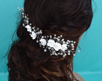 Bridal Hair Vine, Wedding Hair Comb, Silver White Pearl Floral Hair Comb, Rhinestone Wedding Headpiece, Romantic Bridal Side Comb, HB-005