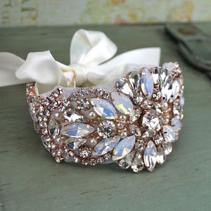 Rose Gold Bridal Bracelet, Light Blue Crystal, Rhinestone and Pearl Jeweled Wedding Cuff, Prom Bridesmaid Gift, CU-001R