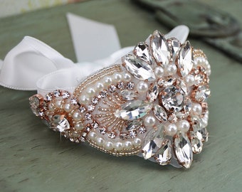 Rose Gold Bridal Cuff Bracelet, Rhinestone and Pearl Wedding Cuff, Crystal Jeweled Silver Wedding Cuff, Prom Bridesmaid Gift, CU-003R