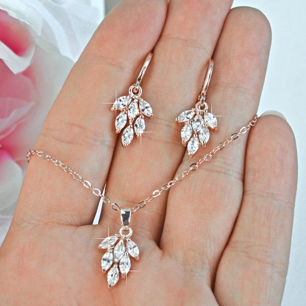 Necklace & Earrings Set, Rose Gold, Leaf Crystal Pendant, Bridesmaid Gift, Bridal Jewelry Set, Wedding Favor, Prom, JS-026