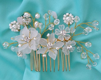 Gold Wedding Hair Comb, Floral Bridal Hair Piece, Crystal & Pearl Bridal Headpiece, Romantic Side Comb, White Frosted Flowers, CO-036