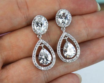 Small Crystal Earrings, Dangle Bridal Earrings, Teardrop Jewelry, Silver, Romantic, Bridal, Wedding, Prom, Bridesmaid Gift, EA-047