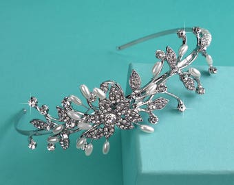 Crystal & White Pearl Side Bridal Headband, Silver Wedding Tiara, Rhinestone Crown, Crystal Headpiece, Bridal Hair Accessory, TI-028