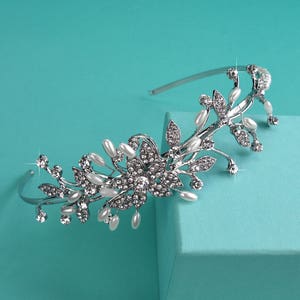 Crystal & White Pearl Side Bridal Headband, Silver Wedding Tiara, Rhinestone Crown, Crystal Headpiece, Bridal Hair Accessory, TI-028 image 1