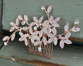 Rose Gold Wedding Comb, Bridal Hair Comb, Rhinestone Bridal Comb, Floral Wedding Hair Comb, Headpiece, Vintage Bridal Side Comb CO-030