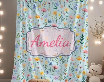 Personalized Custom Blanket, Baby Girl Name Blanket, Baby Shower Gift, Toddler Girl Gift, Blue Pink Wildflower Floral Velveteen Plush AMELIA