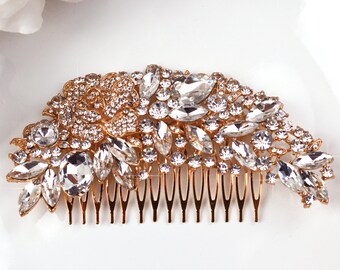 Rose Gold Large Luxurious Bridal Side Comb, Rhinestone Bridal Comb, Wedding Hair Comb, Crystal Headpiece, Vintage Bridal Comb CO-063