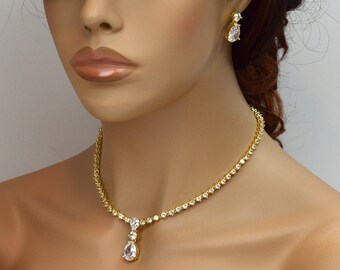 CLEARANCE Gold Bridal Jewelry Set Choker Wedding Necklace Earrings Set Crystal Lux Prom Jewelry Luxurious Oversized | LJS-027