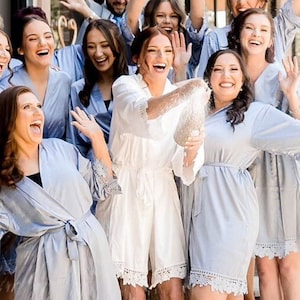 DUSTY BLUE Bridesmaid Robe Gift Wedding Robes Silky Satin Chunky Lace Bridal Party Getting Ready Outfit Gift Favor Maid of Honor Flower Girl Proposal Personalized Custom