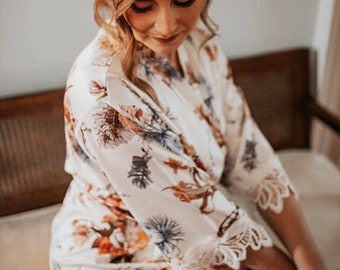 Rustic Wedding Robe /  Rustic Bridesmaid Robe / Satin Robes / Satin Bridal Robe / Lace Robe / Floral Robe /  Wedding Favor | FLORENCE