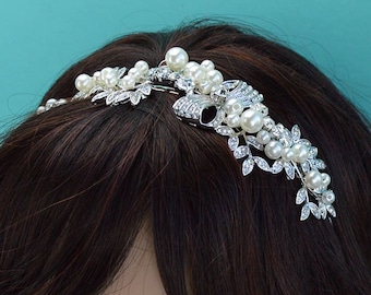 Crystal & White Pearl Bridal Side Headband, Silver Wedding Tiara, Rhinestone Crown, Crystal Headpiece, Bridal Hair Accessory, TI-018