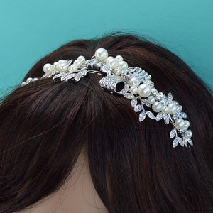 Crystal & White Pearl Bridal Side Headband, Silver Wedding Tiara, Rhinestone Crown, Crystal Headpiece, Bridal Hair Accessory, TI-018 image 1