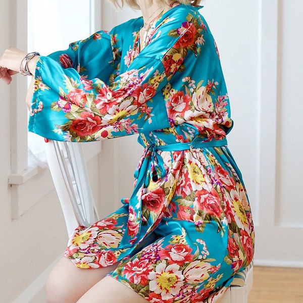 TURQUOISE Bridesmaid Robes / Floral Robes / Floral Bridesmaid Robes / Satin Robe / Robes for Bridesmaids / Bridesmaid Gift / Silk Robes