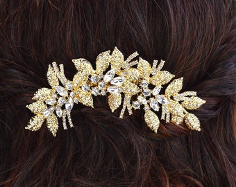 Large Gold Bridal Hair Comb, Floral Wedding Comb, Rhinestone Wedding Headpiece, Crystal Bridal Hair Accessory,  Floral Side Comb, CO-038