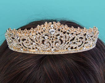 Gold Bridal Tiara, Crystal Bridal Crown, Rhinestone Tiara, Royal Wedding Crown, Bridal Hair Accessory, Headpiece, Headband, TI-008