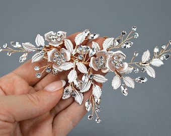 Rose Gold Floral Hair Clip / Wedding Clip / Bridal  Headpiece / Crystal Hair Clip / Wedding Accessory / Romantic Bridal Side Comb / CO-047