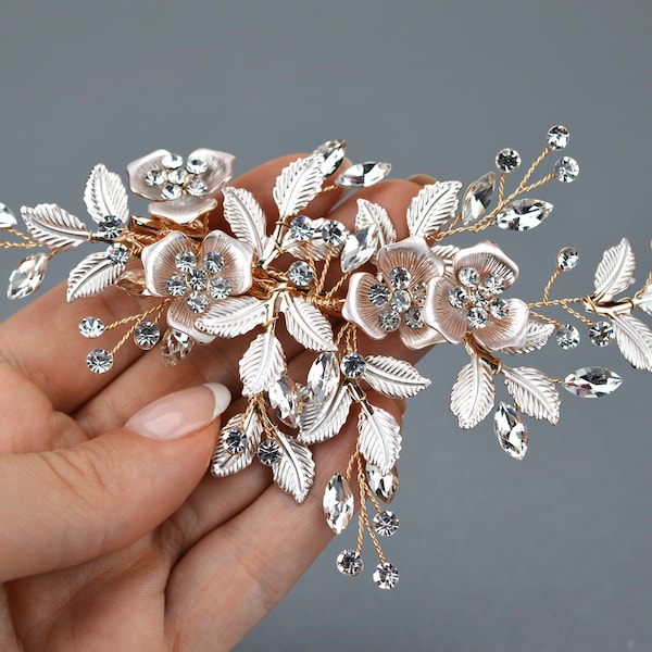 Rose Gold Floral Hair Clip / Wedding Clip / Bridal  Headpiece / Crystal Hair Clip / Wedding Accessory / Romantic Bridal Side Comb / CO-047