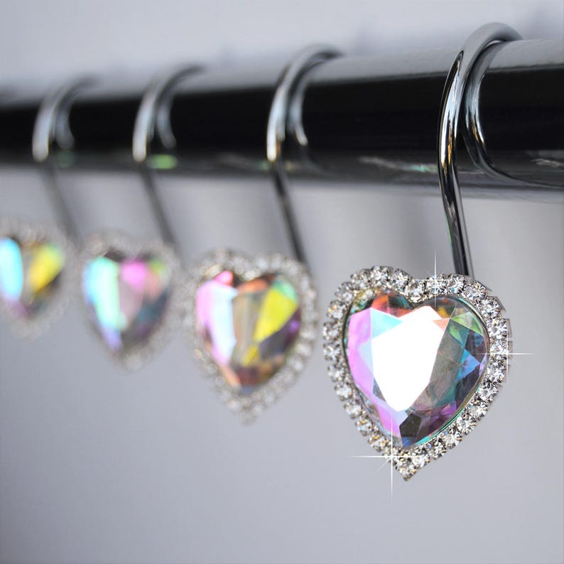 Shower Curtain Hooks Rings Heart Ab Multi Iridescent Color Rainbow Diamond Bling Rhinestones Bath Set Cute Gift Valentine Girls Romantic