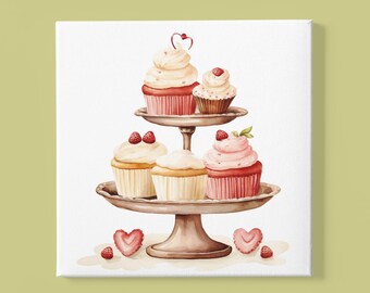 Romantic Strawberries & Hearts Cupcake Tiered Cake Stand Canvas - Shabby Chic Watercolor Wall Art Print Valentine Poster Home Décor