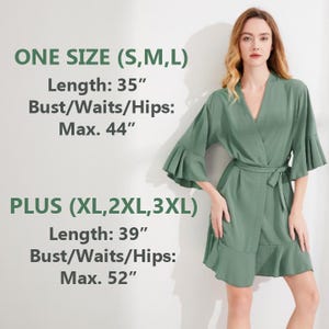 May include: A sage green robe with a V-neck, flared sleeves, and a tie waist. The robe's length is 35 inches for sizes S, M, and L, and 39 inches for sizes XL, 2XL, and 3XL. The bust/waist/hips max is 44 inches and 52 inches respectively.