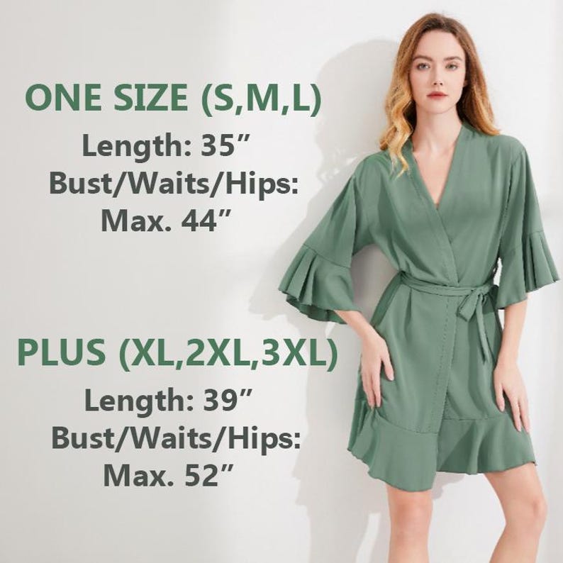May include: A sage green robe with a V-neck, flared sleeves, and a tie waist. The robe's length is 35 inches for sizes S, M, and L, and 39 inches for sizes XL, 2XL, and 3XL. The bust/waist/hips max is 44 inches and 52 inches respectively.