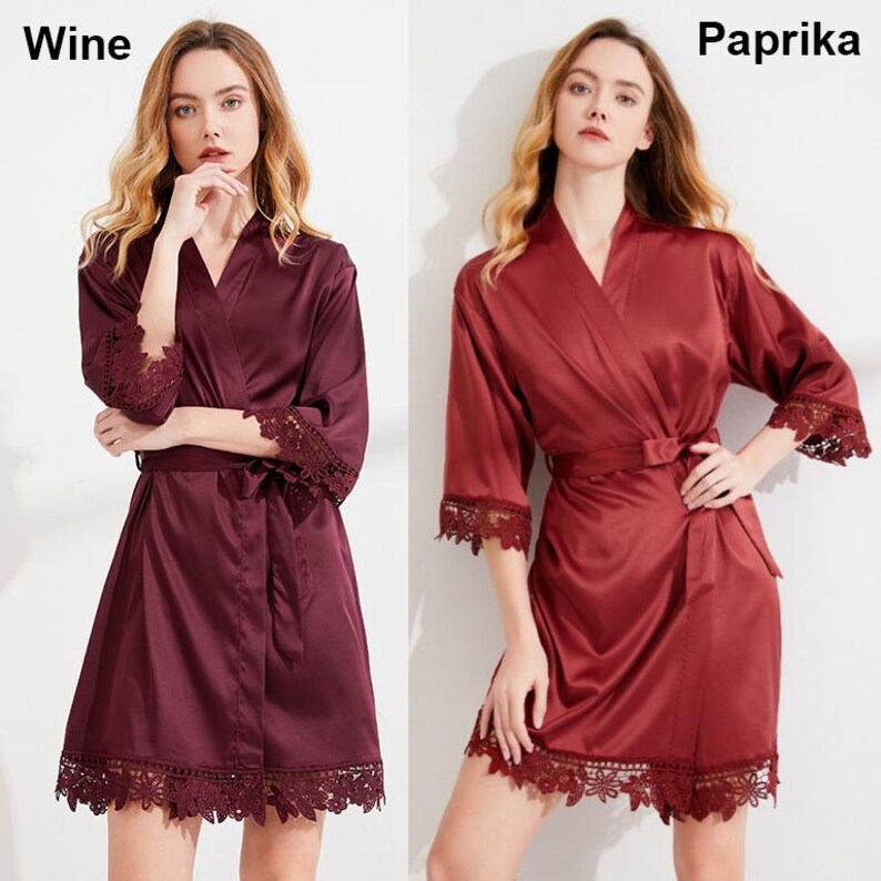 wine maroon paprika dark red brick Lace Bridesmaid Robe Gift Wedding Robes Silky Silk Satin Bridal Party Getting Ready Outfit Gift Favor Maid of Honor Mother of the Bride Groom Proposal Personalized Custom