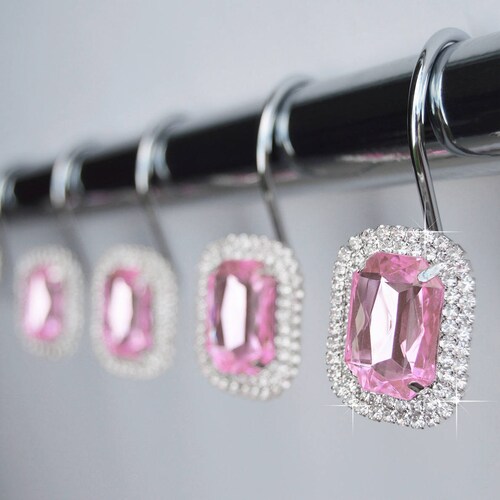 Shower Curtain Hooks Rings Pink Decorative Crystal Diamond Etsy