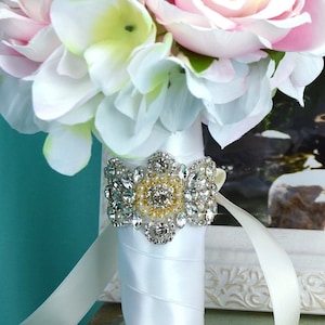 Wedding Bouquet Wrap | Bridal Bouquet Wrap | Crystal and Pearl Wrap | Bouquet Wrap | Clear, Yellow, Silver Rhinestone Wrap - Style 5