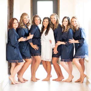 navy blue Lace Bridesmaid Robe Gift Wedding Robes Silky Silk Satin Bridal Party Getting Ready Outfit Gift Favor Maid of Honor Mother of the Bride Groom Proposal Personalized Custom