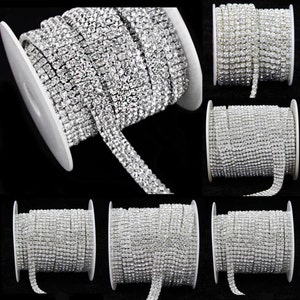 Clear Crystal Rhinestone Diamond Bling Trim Metal Cup Close Chain 1 2 3 4 5 Row SS12 Silver Sold Per Yard or Spool image 1