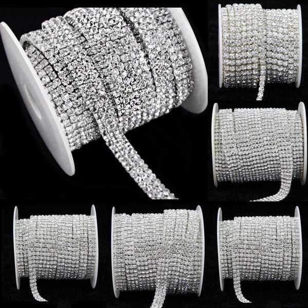 Clear Crystal Rhinestone Diamond Bling Trim Metal Cup Close Chain 1 2 3 4 5 Row SS12 Silver - Sold Per Yard or Spool