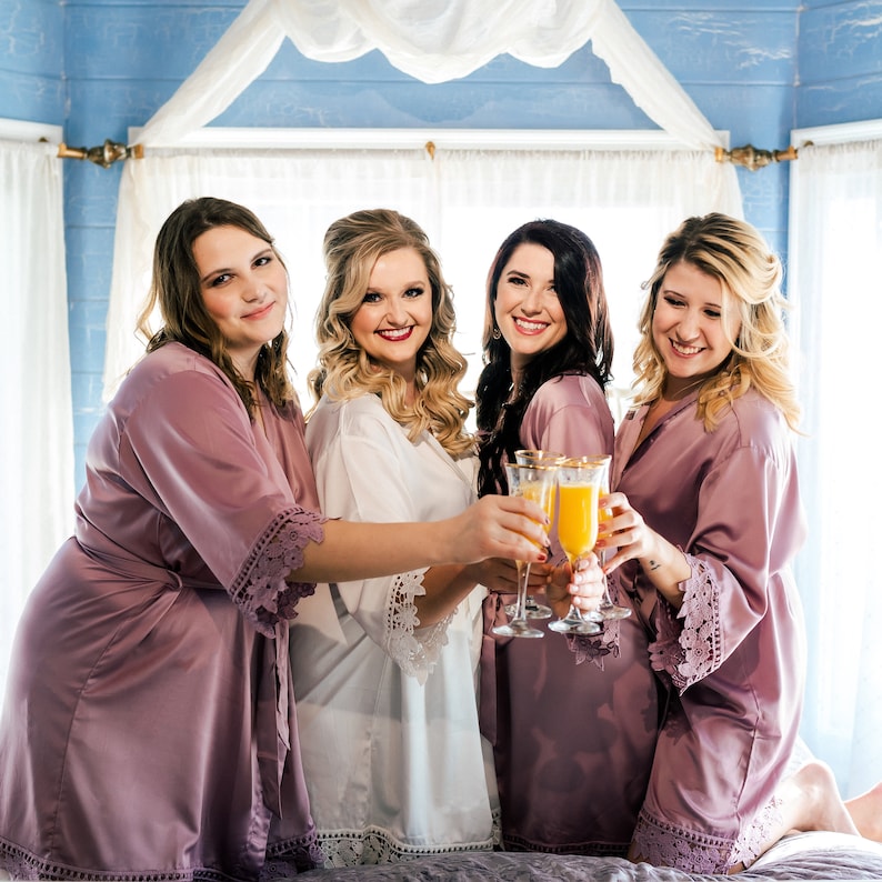 Bridesmaid Robes Set of 4,5,6,7,8,9,10,11,12,13,14,15 Silk Bridesmaid Robes, Bridesmaid Gift, Lace Satin Robes, Bridal Robes, Wedding Robes image 7