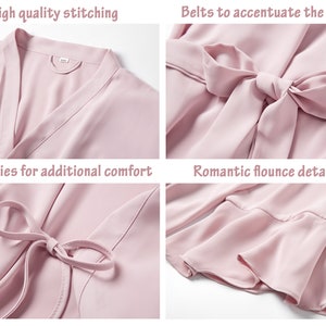 May include: Close-up shots of a light pink robe. Details include high-quality stitching, belts to accentuate the waist, inner ties for additional comfort, and romantic flounce details. The robe is made of a soft, flowing fabric.