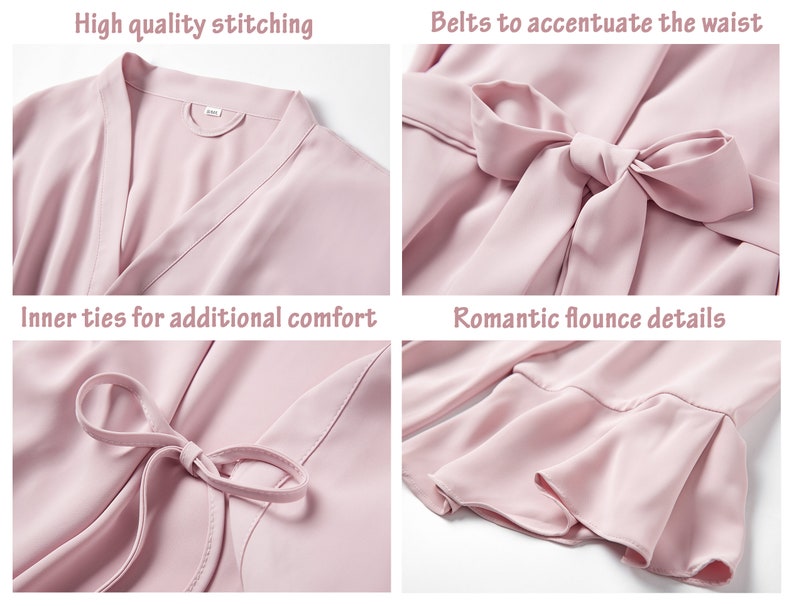 May include: Close-up shots of a light pink robe. Details include high-quality stitching, belts to accentuate the waist, inner ties for additional comfort, and romantic flounce details. The robe is made of a soft, flowing fabric.