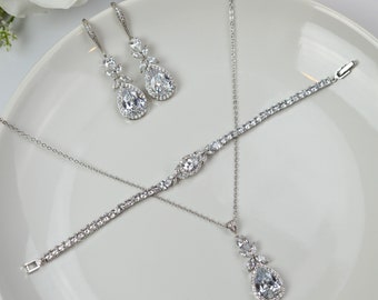 Bridal Jewelry Set / Wedding Jewelry Set / Necklace Earrings Bracelet Set / Crystal / Silver / White Gold / Prom Jewelry Set | LJS-29-31-33