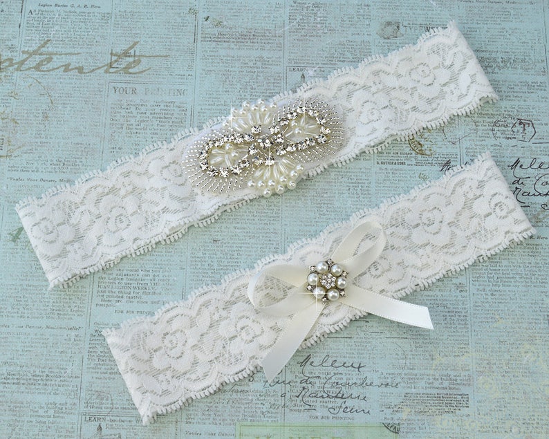Lace Bridal Garter Bridal Garter Set Style 8G Crystal and Pearl  Wedding Garter White Wedding Garter