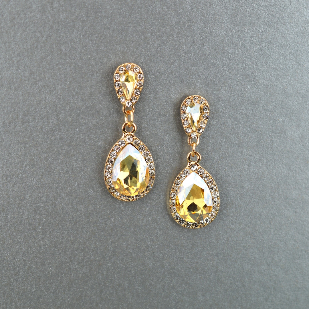 CLEARANCE Champagne Earrings, Yellow Gold Drop Earrings, Bridesmaid Gift, Bridal Wedding Dangle Crystal Prom Party Evening Dress // EA-057