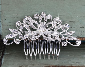 Crystal Wedding Hair Comb, Floral Bridal Comb, Silver Wedding Hair Comb, Crystal Headpiece, Vintage Bridal Side Comb, CO-014