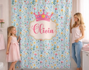 Personalized Shower Curtain - Custom Girls Name Blue Pink Yellow Floral Wildflower Princess Bathroom Decor - OLIVIA