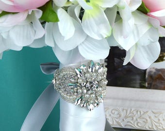 Wedding Bouquet Wrap | Bridal Bouquet Wrap | Crystal and Pearl Wrap | Bouquet Wrap | Silver Rhinestone Wrap - Style 3S