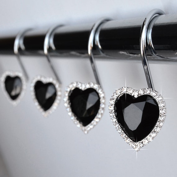 Shower Curtain Hooks Rings Heart Black Decorative Gems And Shower Curtain Hooks Rings Heart Black, Black Shower Curtain Hooks